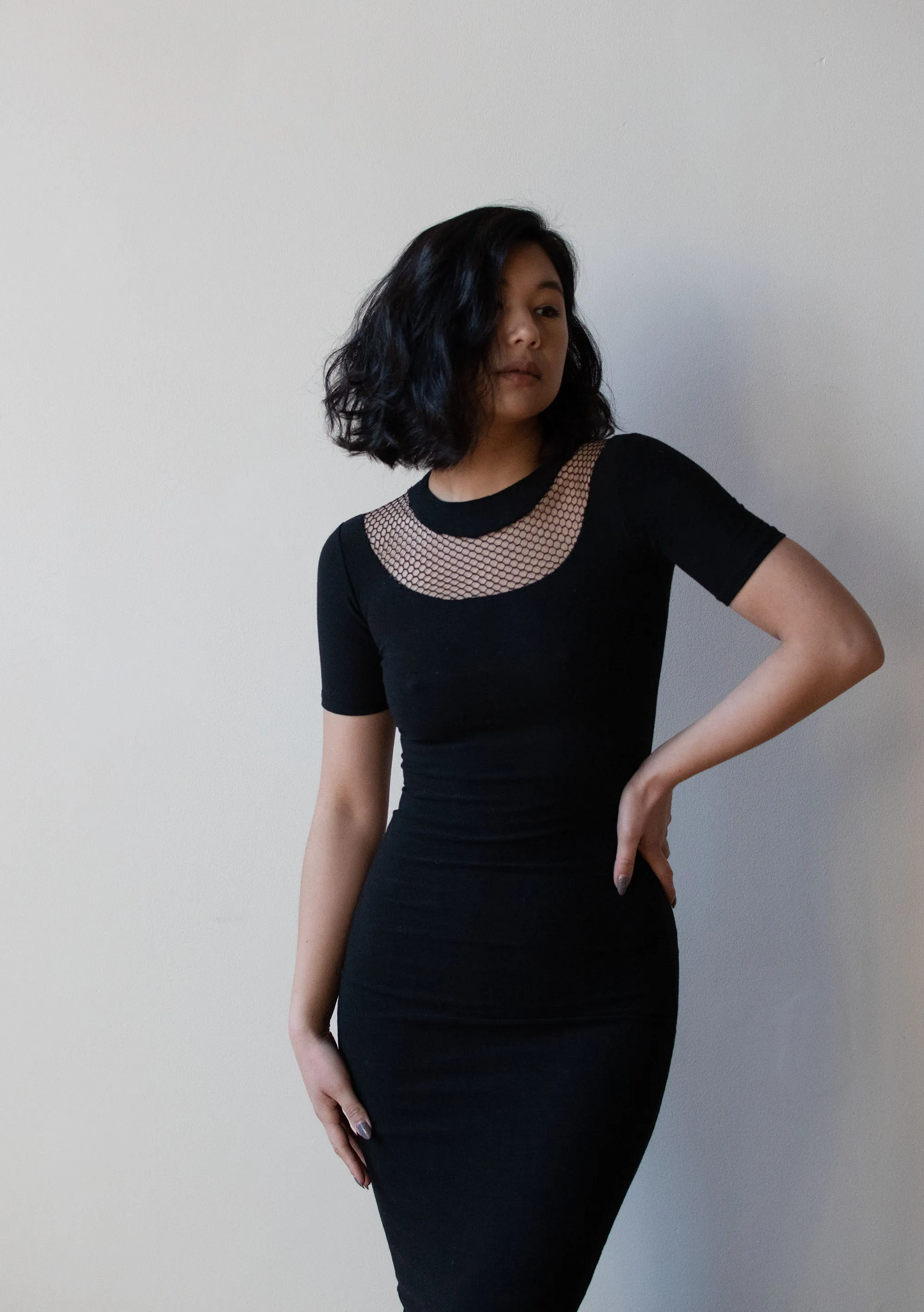 1990s Black Wool Fishnet Dress
