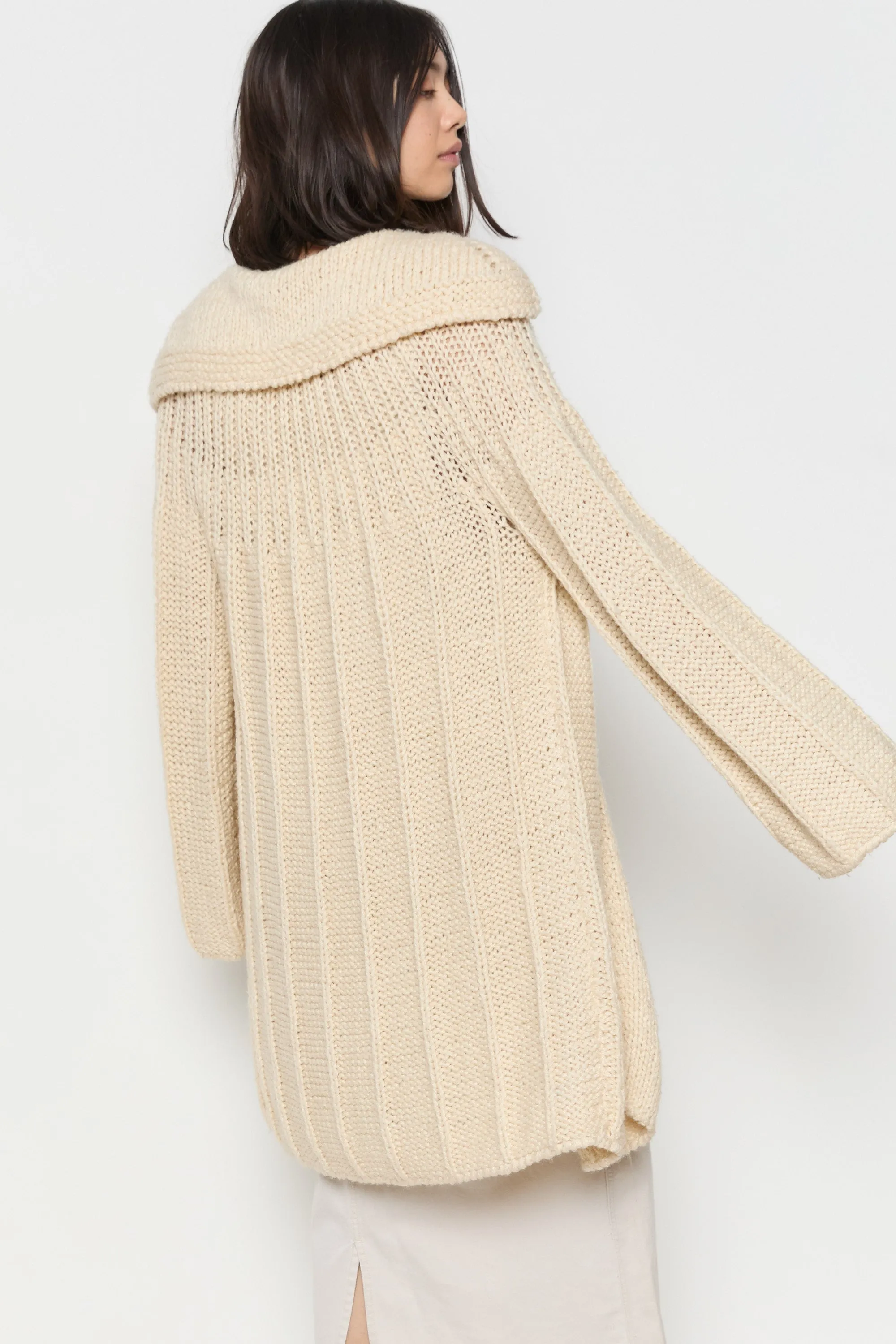 70s Cream Hand Knit Wool Slouchy Duster Cardigan L