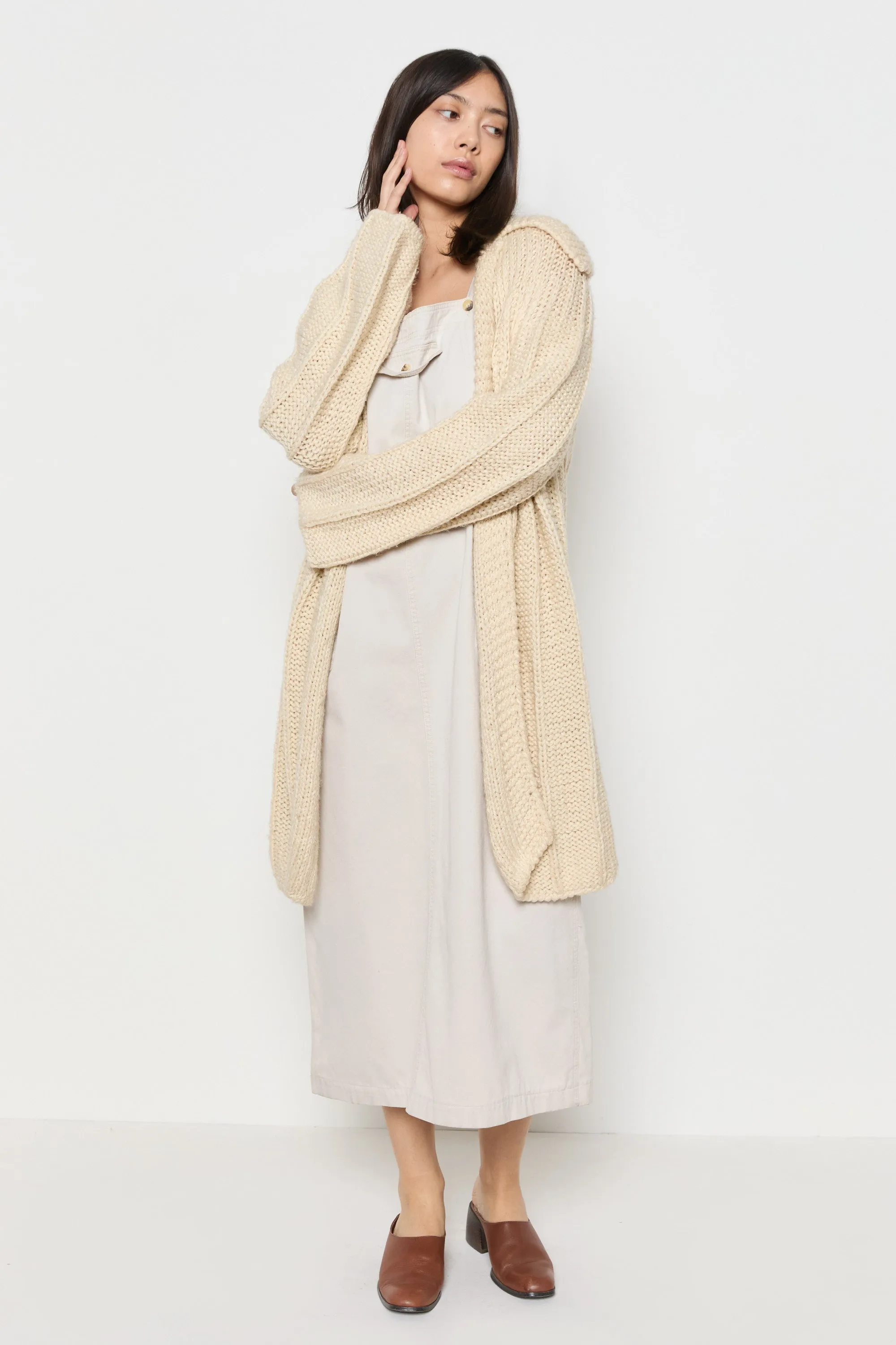 70s Cream Hand Knit Wool Slouchy Duster Cardigan L