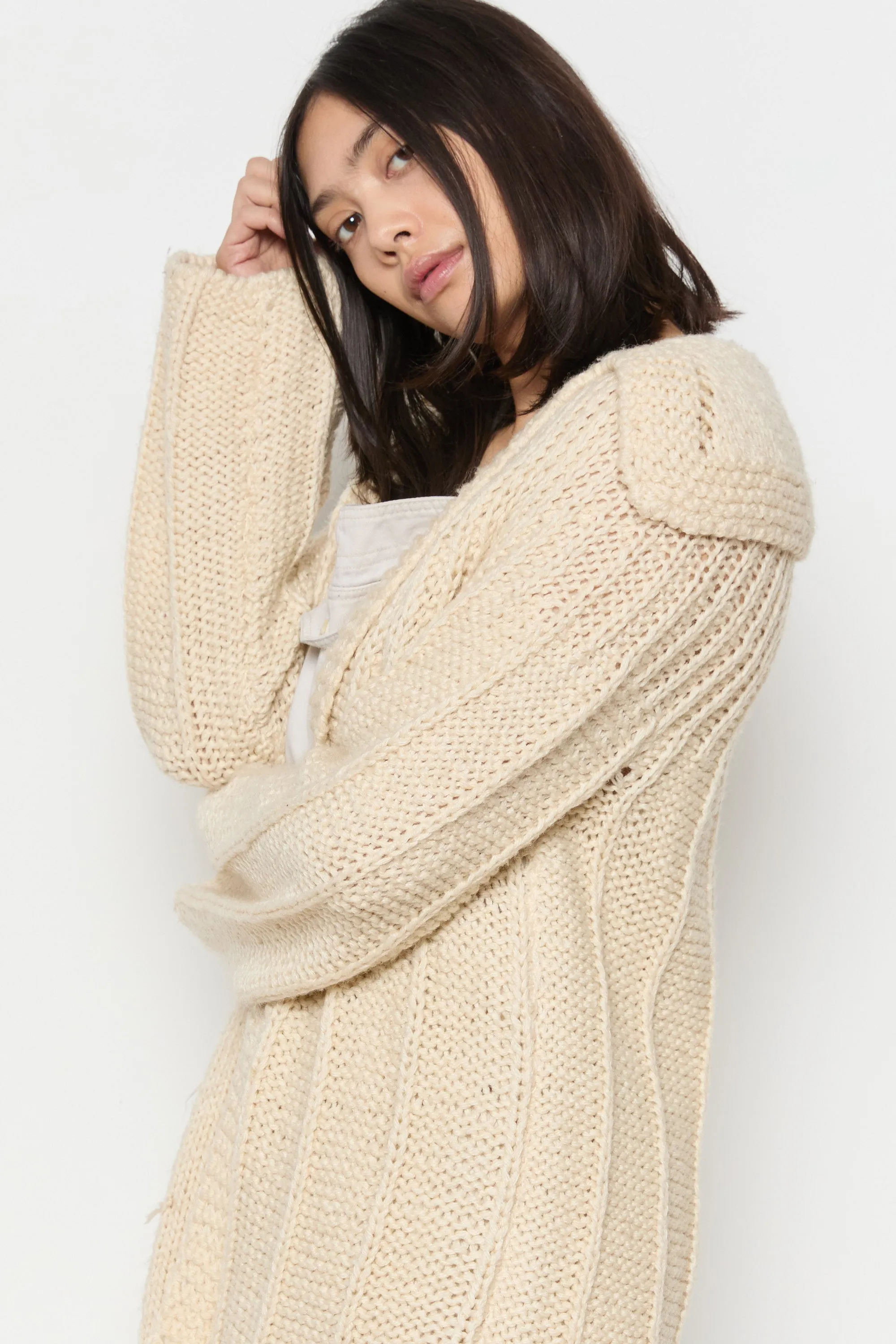 70s Cream Hand Knit Wool Slouchy Duster Cardigan L