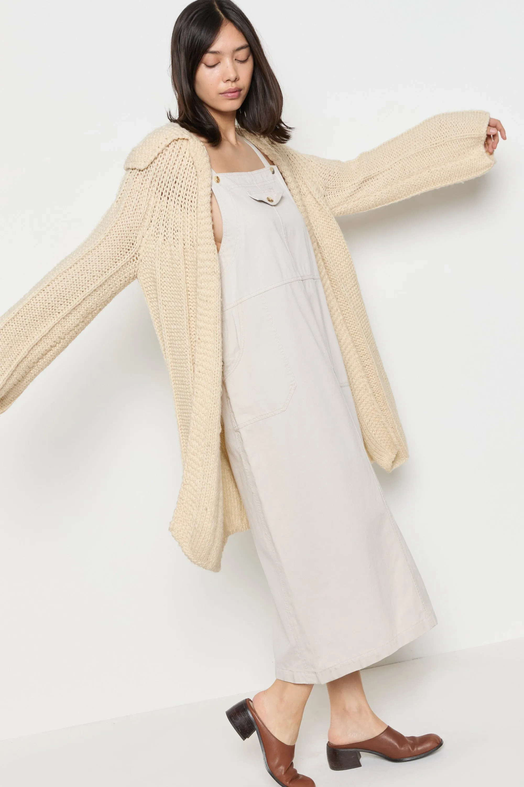 70s Cream Hand Knit Wool Slouchy Duster Cardigan L