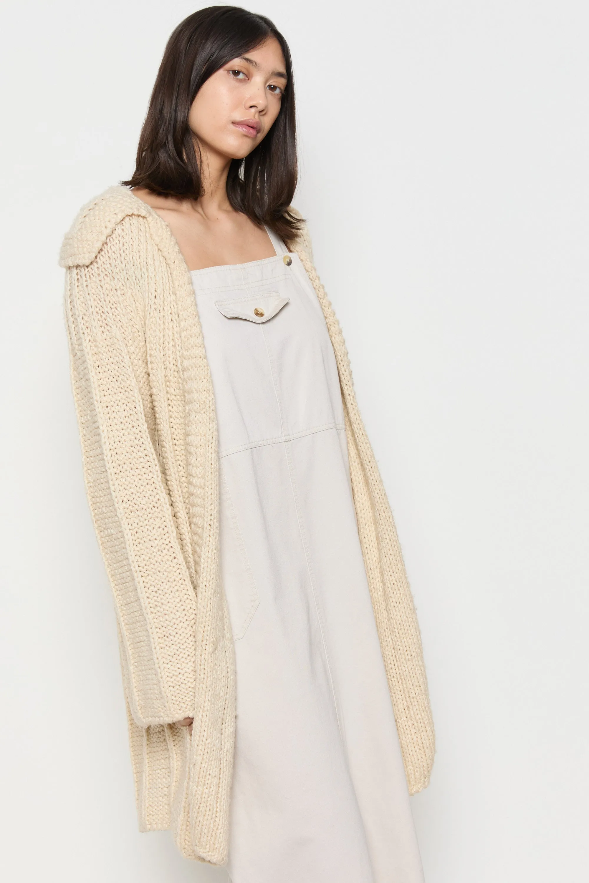 70s Cream Hand Knit Wool Slouchy Duster Cardigan L