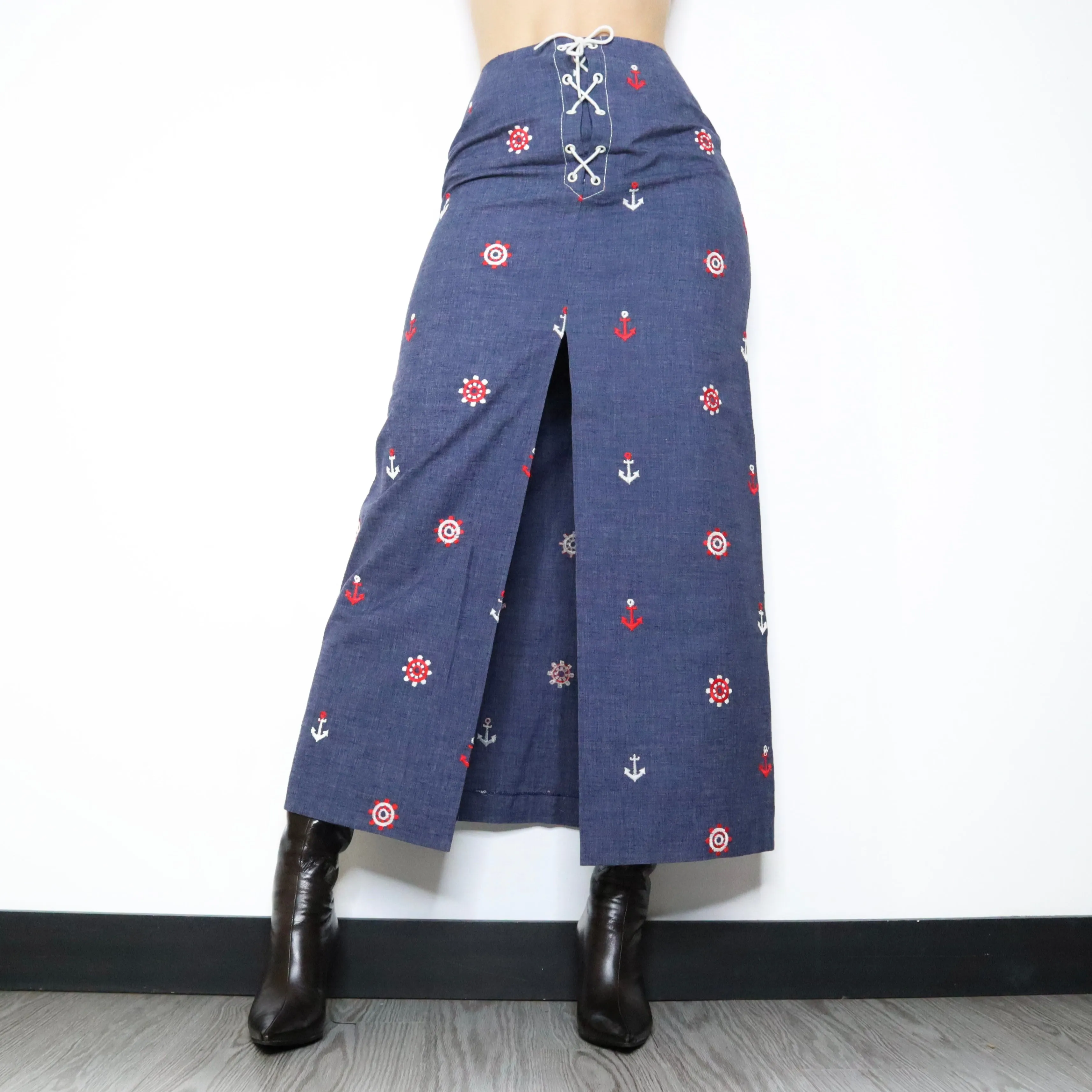 70s Lace Up Nautical Denim Maxi Skirt (S)