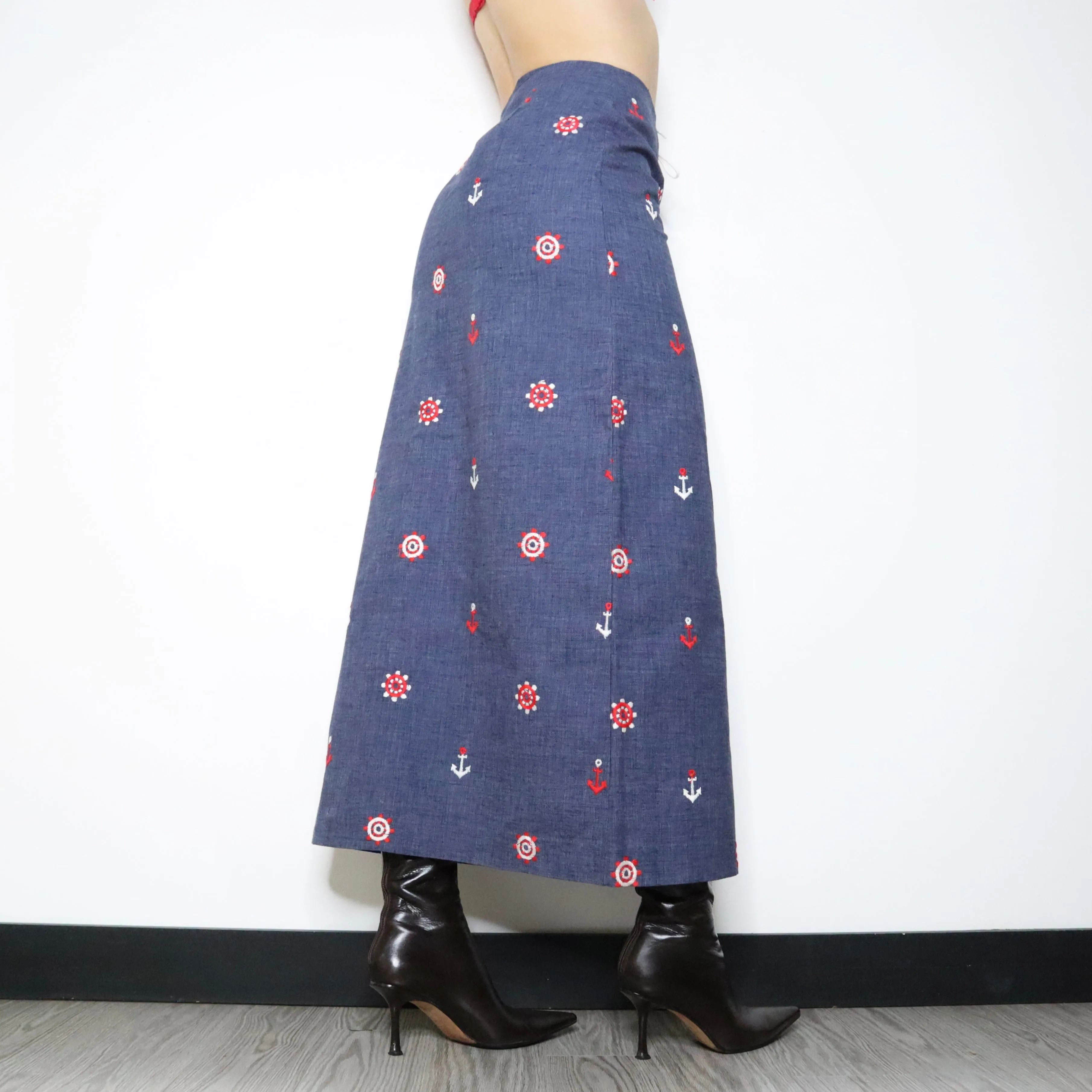 70s Lace Up Nautical Denim Maxi Skirt (S)
