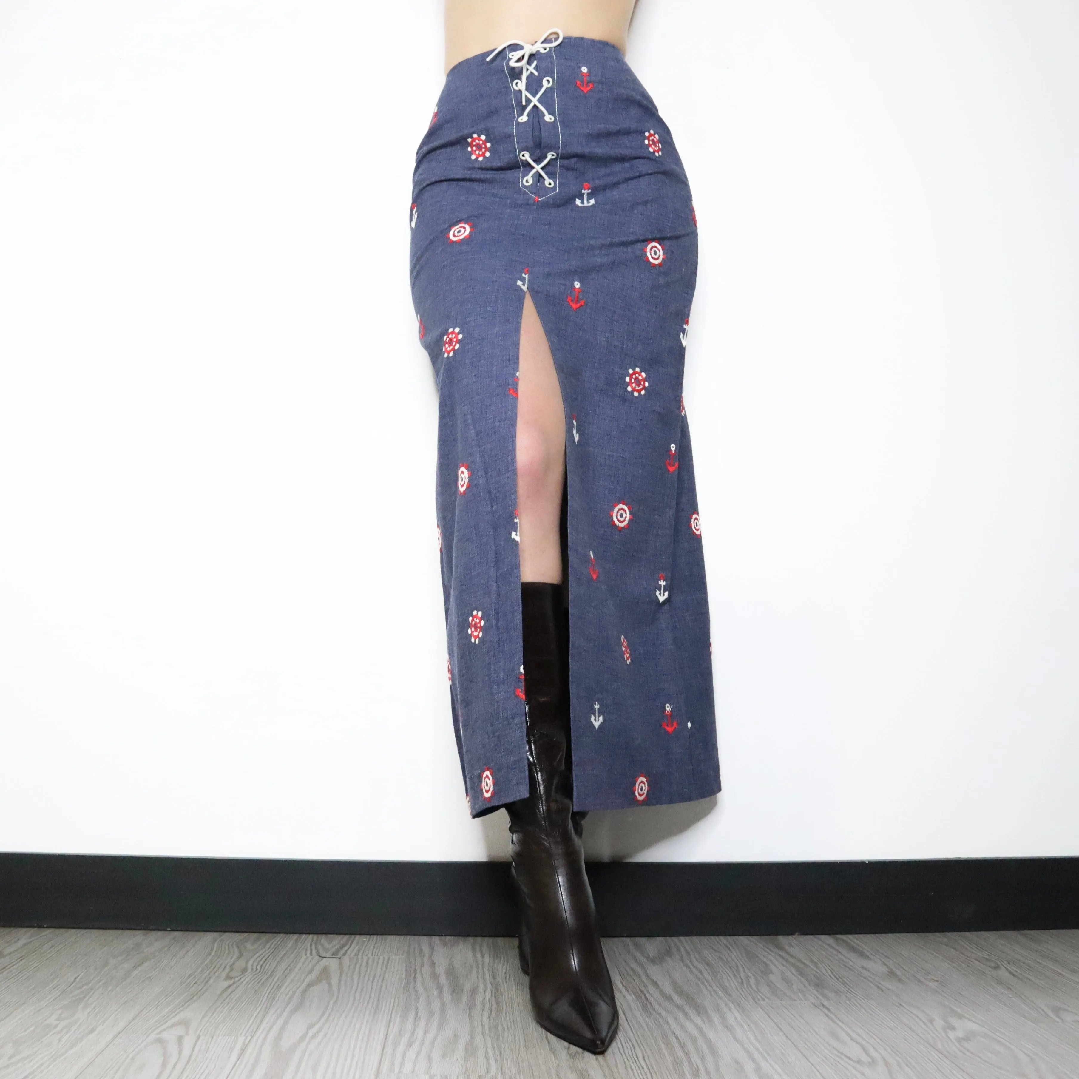 70s Lace Up Nautical Denim Maxi Skirt (S)