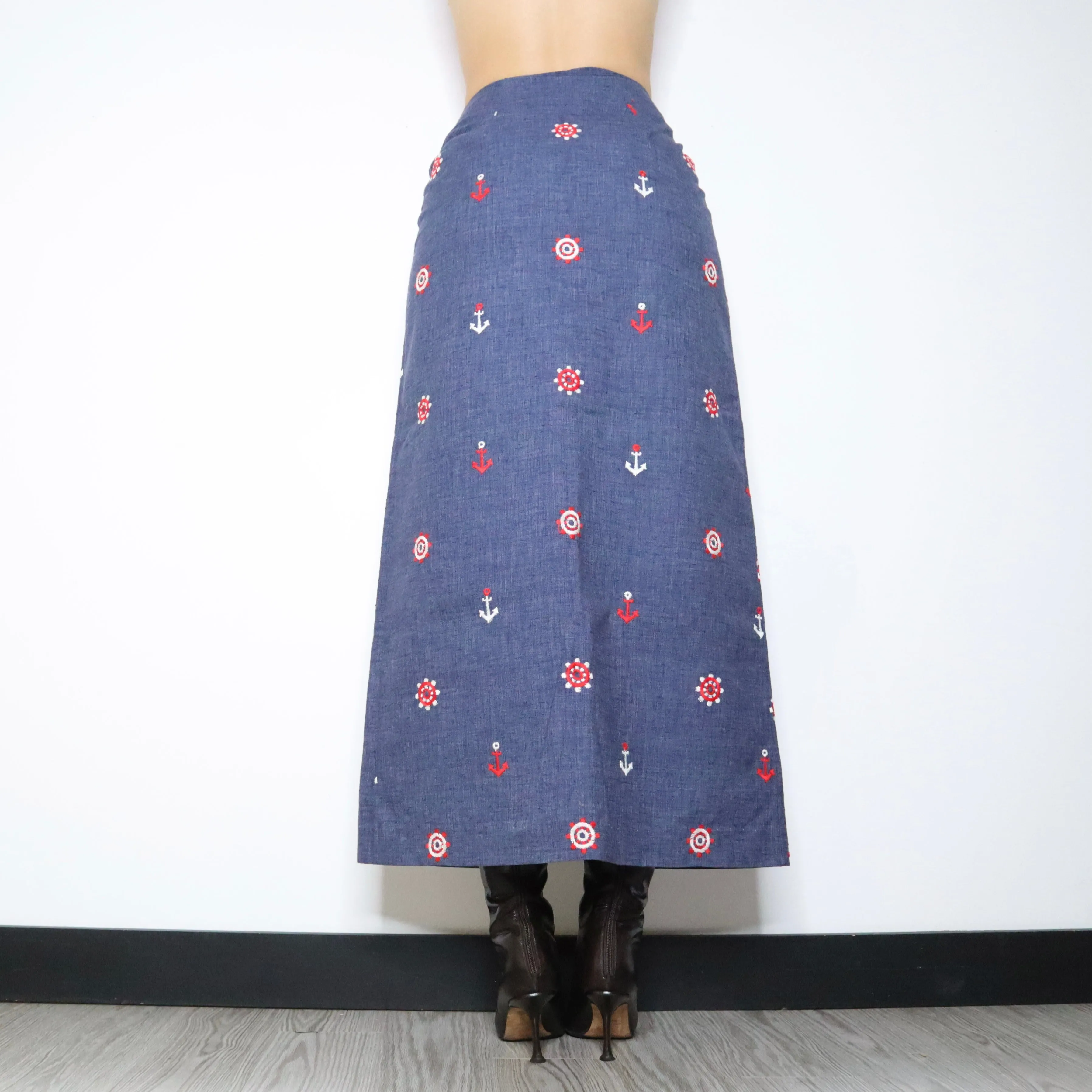70s Lace Up Nautical Denim Maxi Skirt (S)