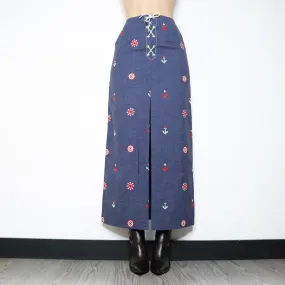 70s Lace Up Nautical Denim Maxi Skirt (S)