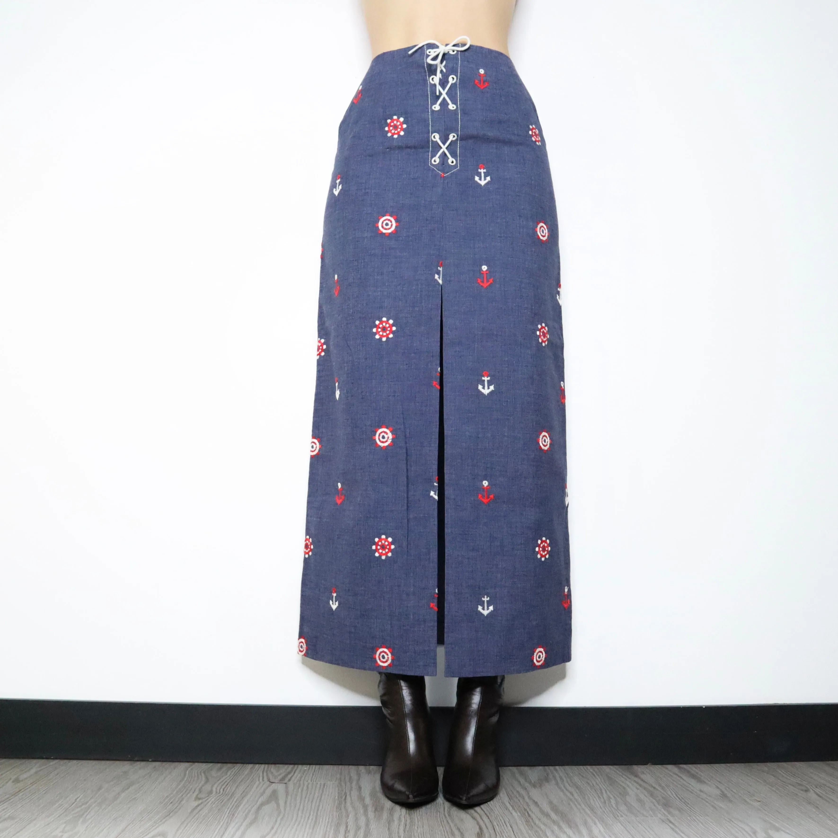 70s Lace Up Nautical Denim Maxi Skirt (S)