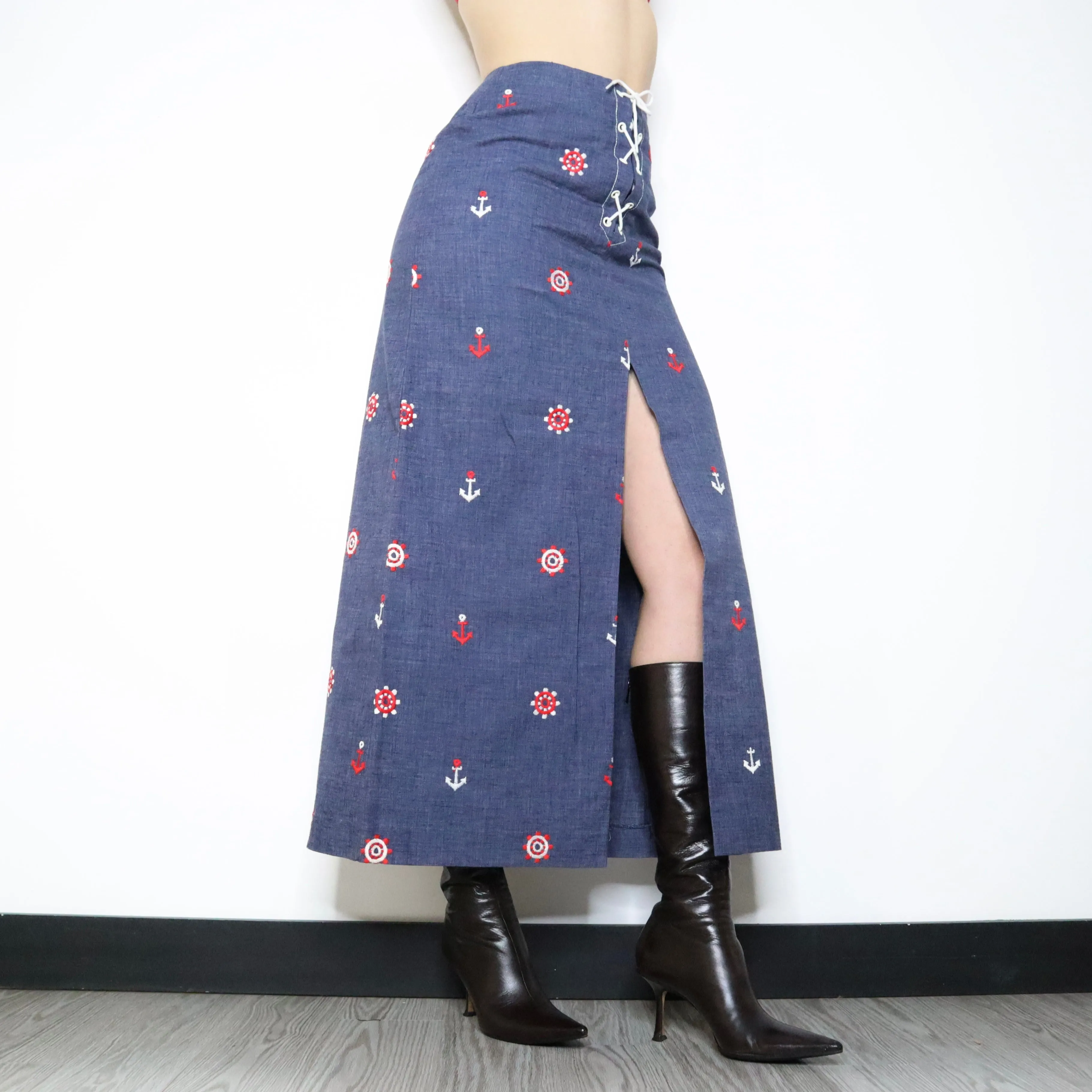 70s Lace Up Nautical Denim Maxi Skirt (S)