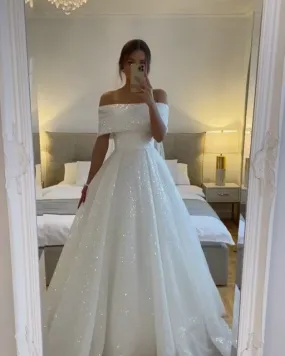 A-Line Sparkly Sequined Bride Dress For Women Off Shoulder Draped Tulle Formal Wedding Gown      fg5960