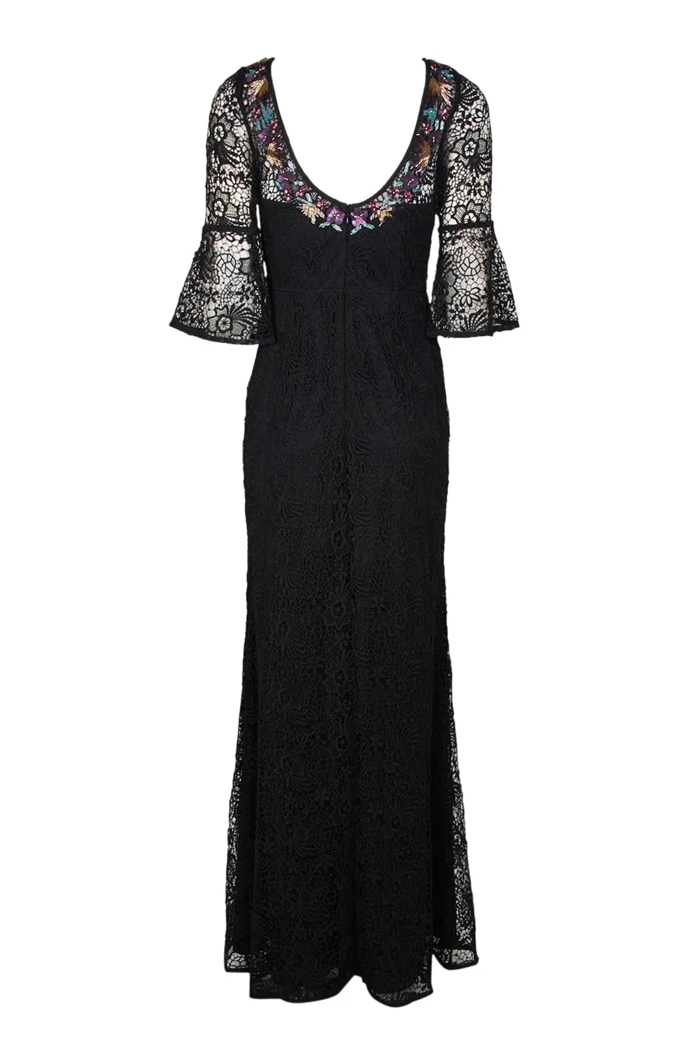 Aidan Mattox Embellished Boat Neck Circular Flounce 3/4 Sleeve Bodycon Scoop Back Floral Lace Dress