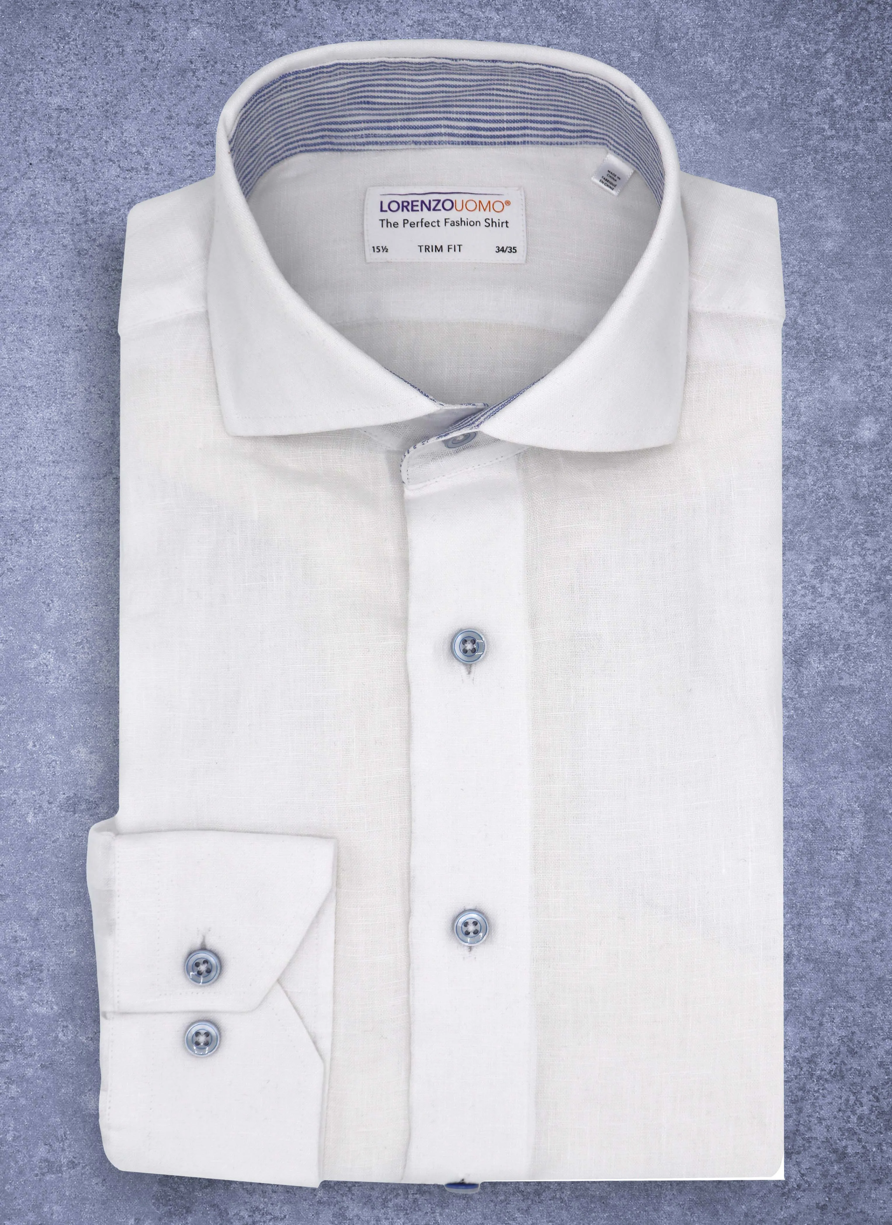 Alexander in White Linen With Contrast Collar, Featuring Custom Roll-up Cuff