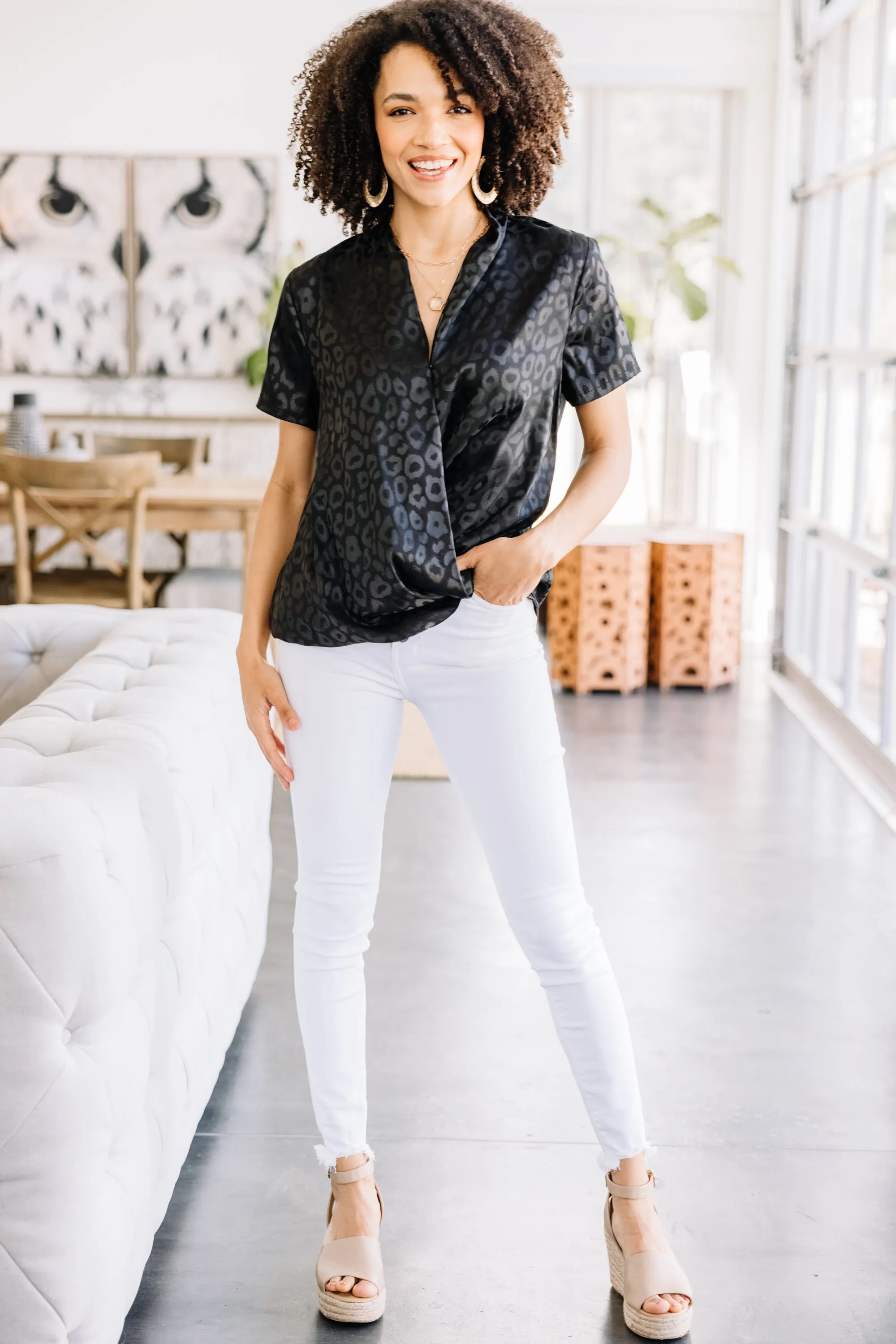 All My Love Black Satin Leopard Blouse