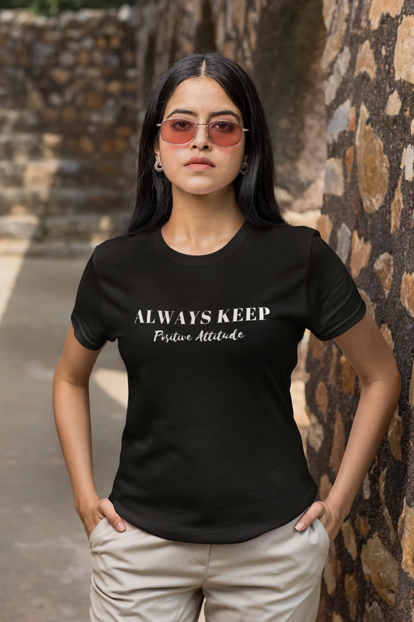 ALWAYS KEEP POSITIVE ATTITUDE WOMEN BLACK T-SHIRT