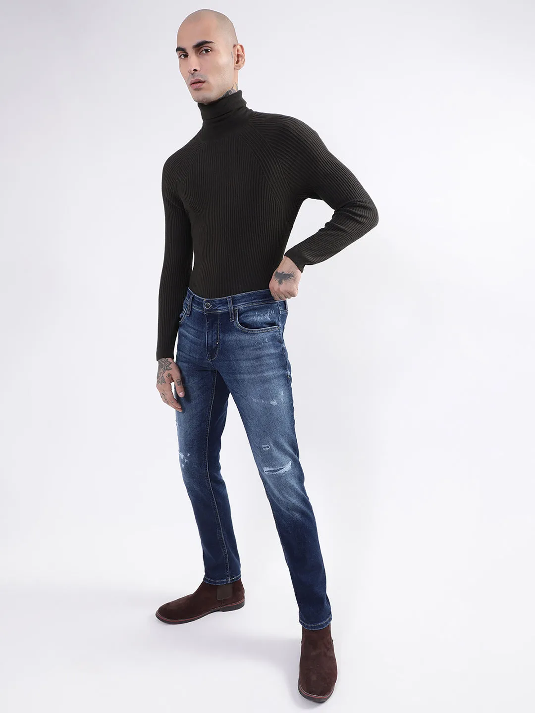 Antony Morato Men Navy Blue Slim Fit Slash Knee Heavy Fade Stretchable Cotton Jeans