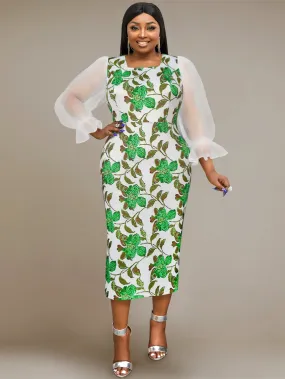 AOMEIDRESS Flower Printed Dress Mesh Patchwork Long Lantern Sleeve