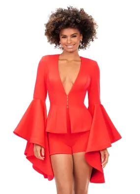 Ashley Lauren 4572 Two Piece Romper with V-Neckline and Bell Sleeves