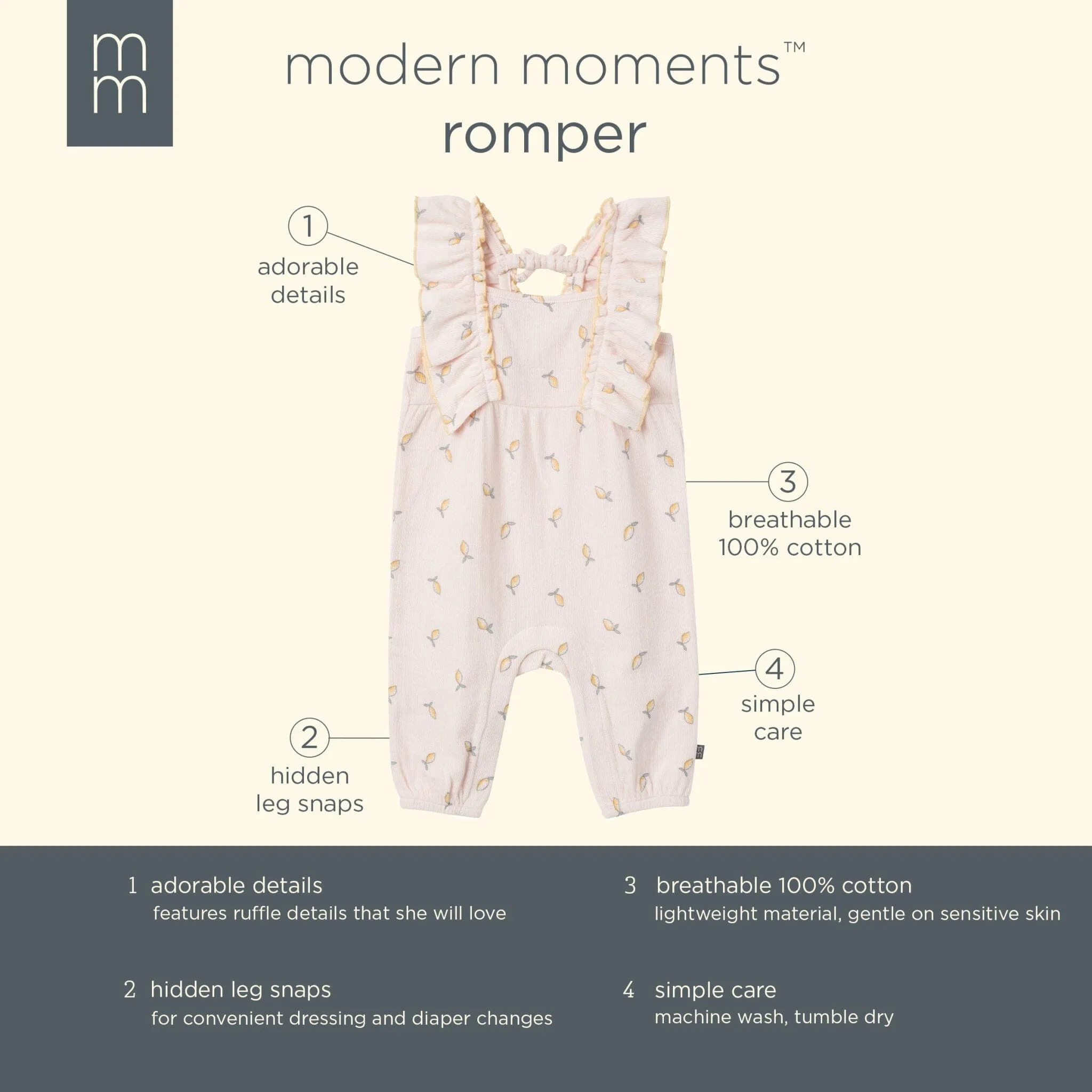 Baby Girls Rose Lemons Ruffles Long Leg Romper