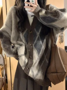 Back To School Sonicelife V Neck Argyle Button Front Cardigan