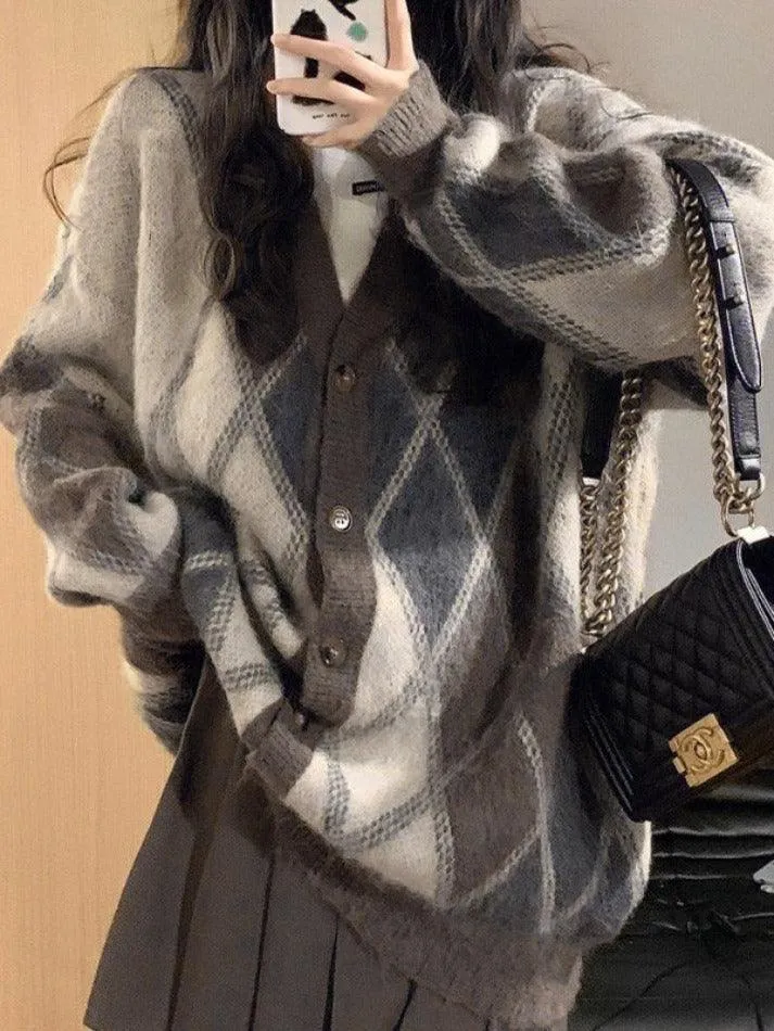 Back To School Sonicelife V Neck Argyle Button Front Cardigan