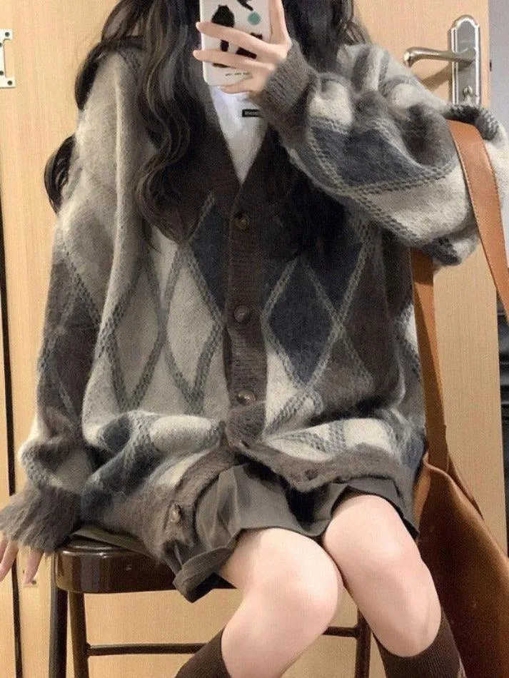 Back To School Sonicelife V Neck Argyle Button Front Cardigan