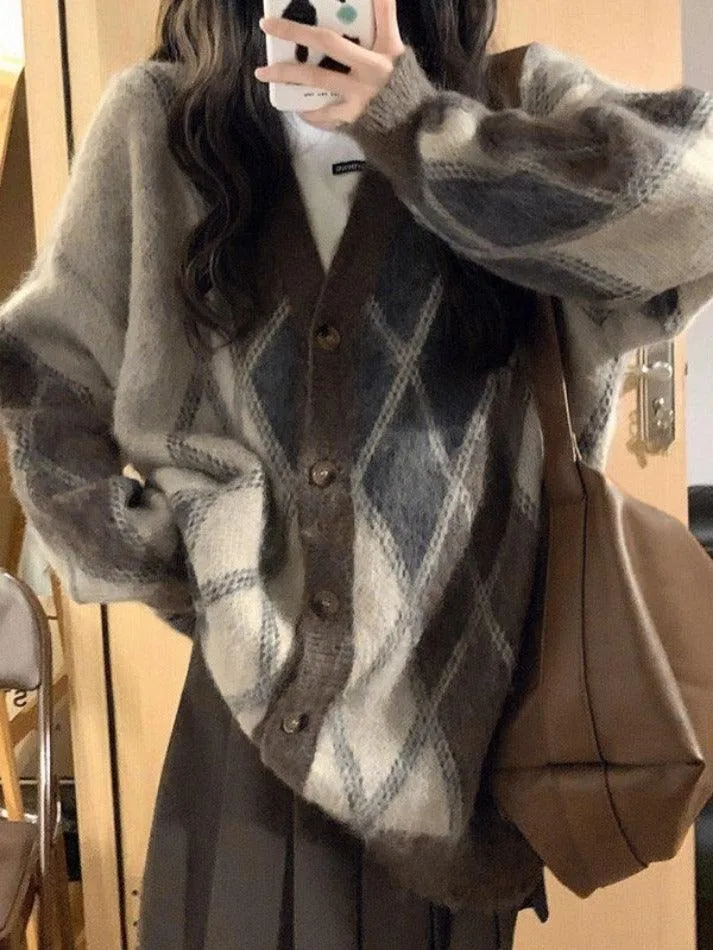 Back To School Sonicelife V Neck Argyle Button Front Cardigan