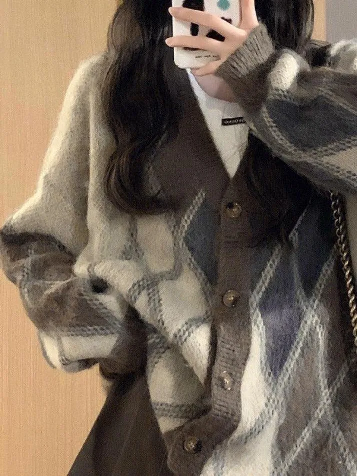 Back To School Sonicelife V Neck Argyle Button Front Cardigan
