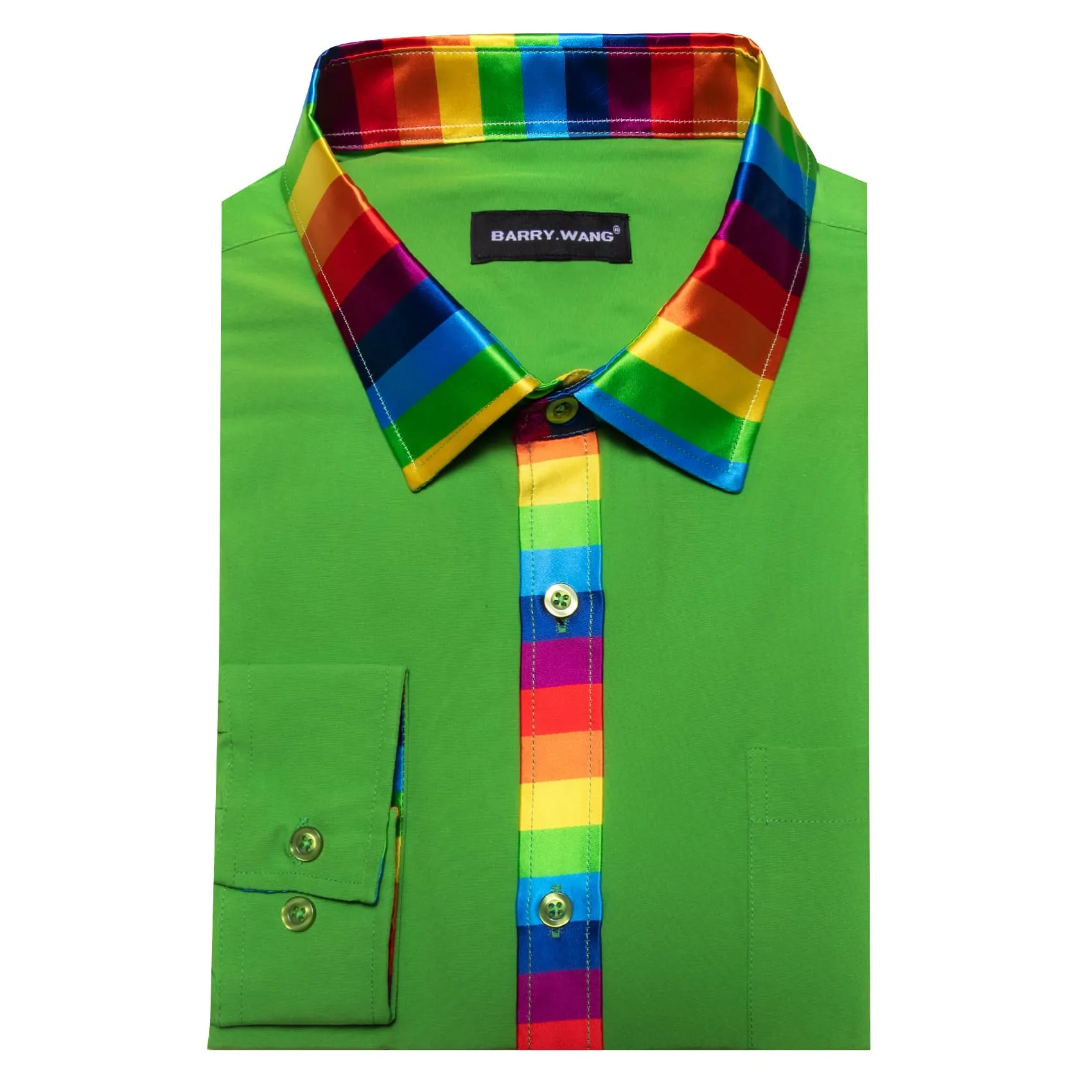 Barry Wang Lime Green Shirt Splicing Rainbow Color Collar Cuffs Shirt