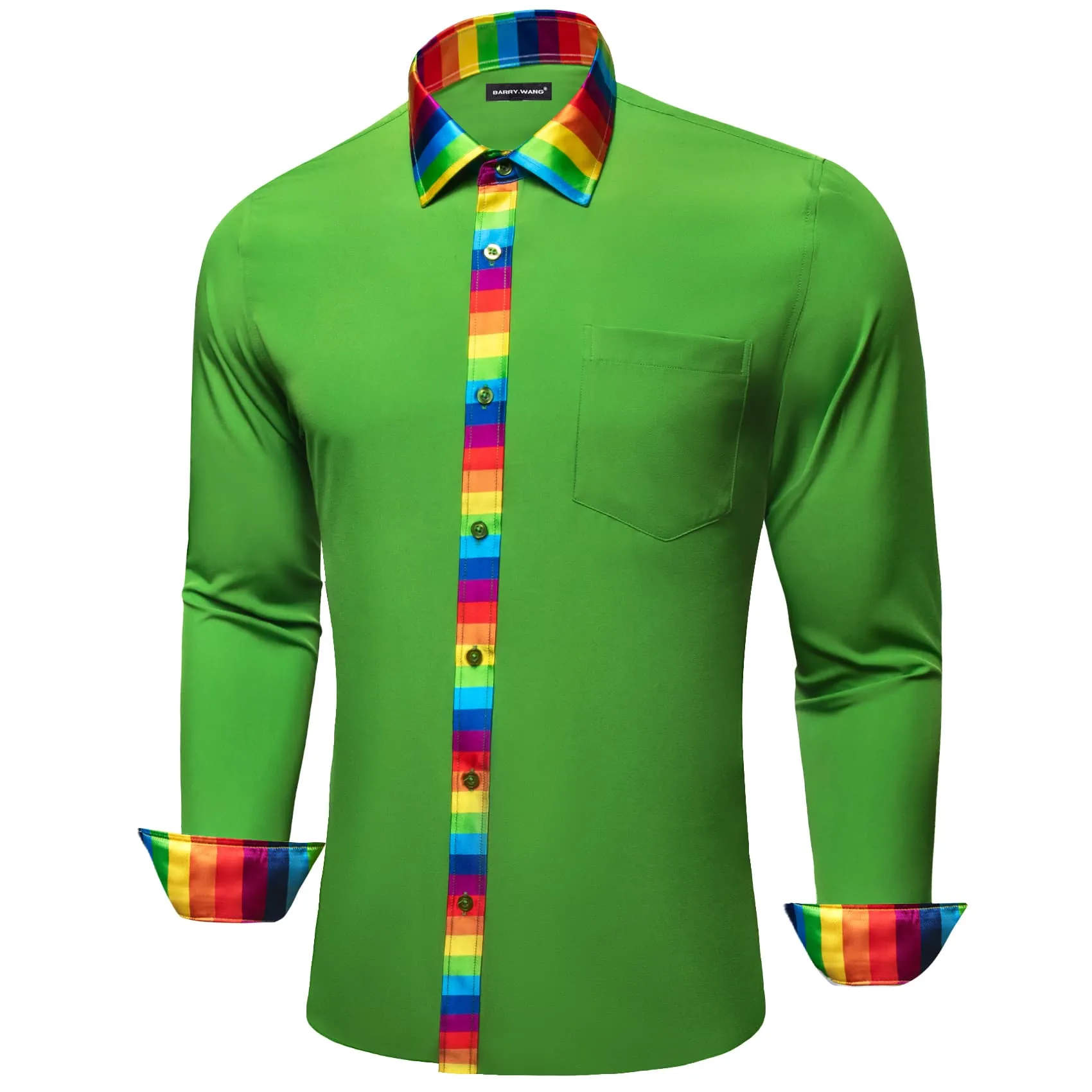 Barry Wang Lime Green Shirt Splicing Rainbow Color Collar Cuffs Shirt