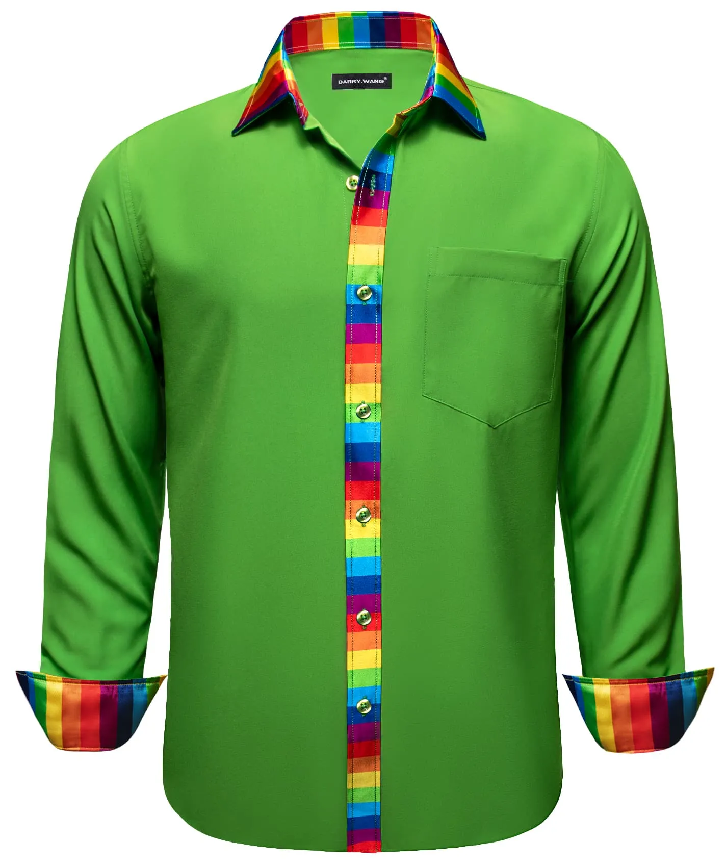 Barry Wang Lime Green Shirt Splicing Rainbow Color Collar Cuffs Shirt