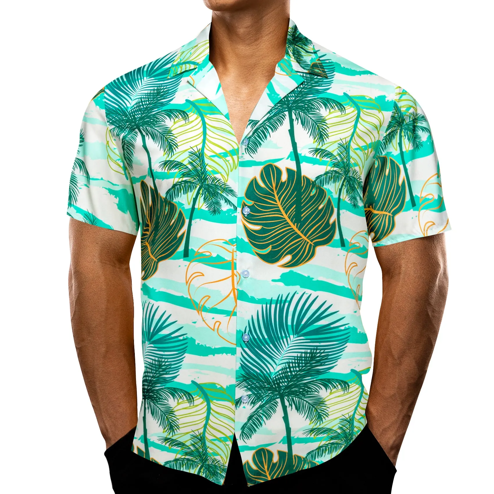 Barry Wang Mens Green Floral Pattern Short Sleeves Summer Hawaii Shirt