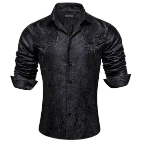 Barry Wang Paisley Pattern Shirt Black Jacquard Men's Silk Dress Shirt
