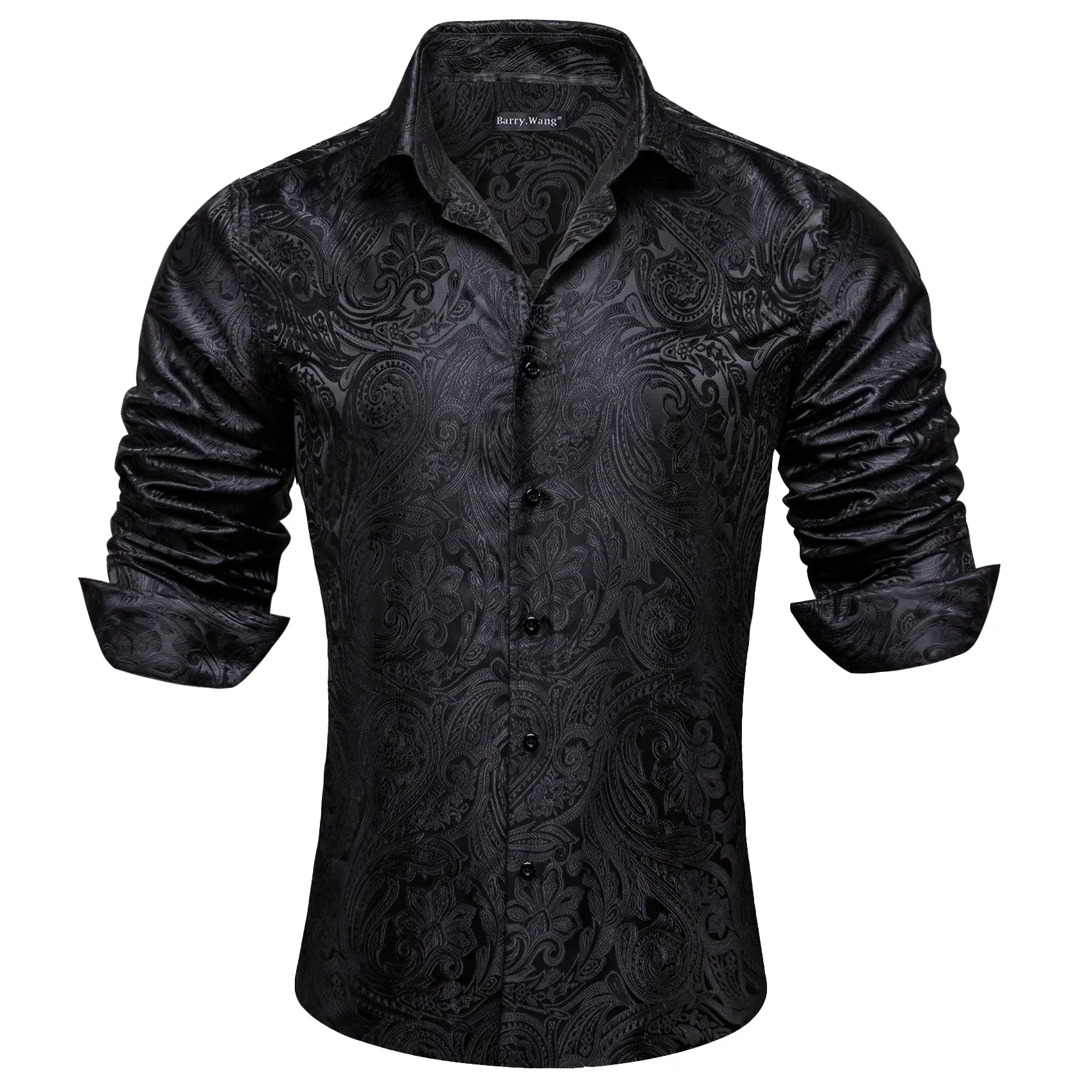 Barry Wang Paisley Pattern Shirt Black Jacquard Men's Silk Dress Shirt