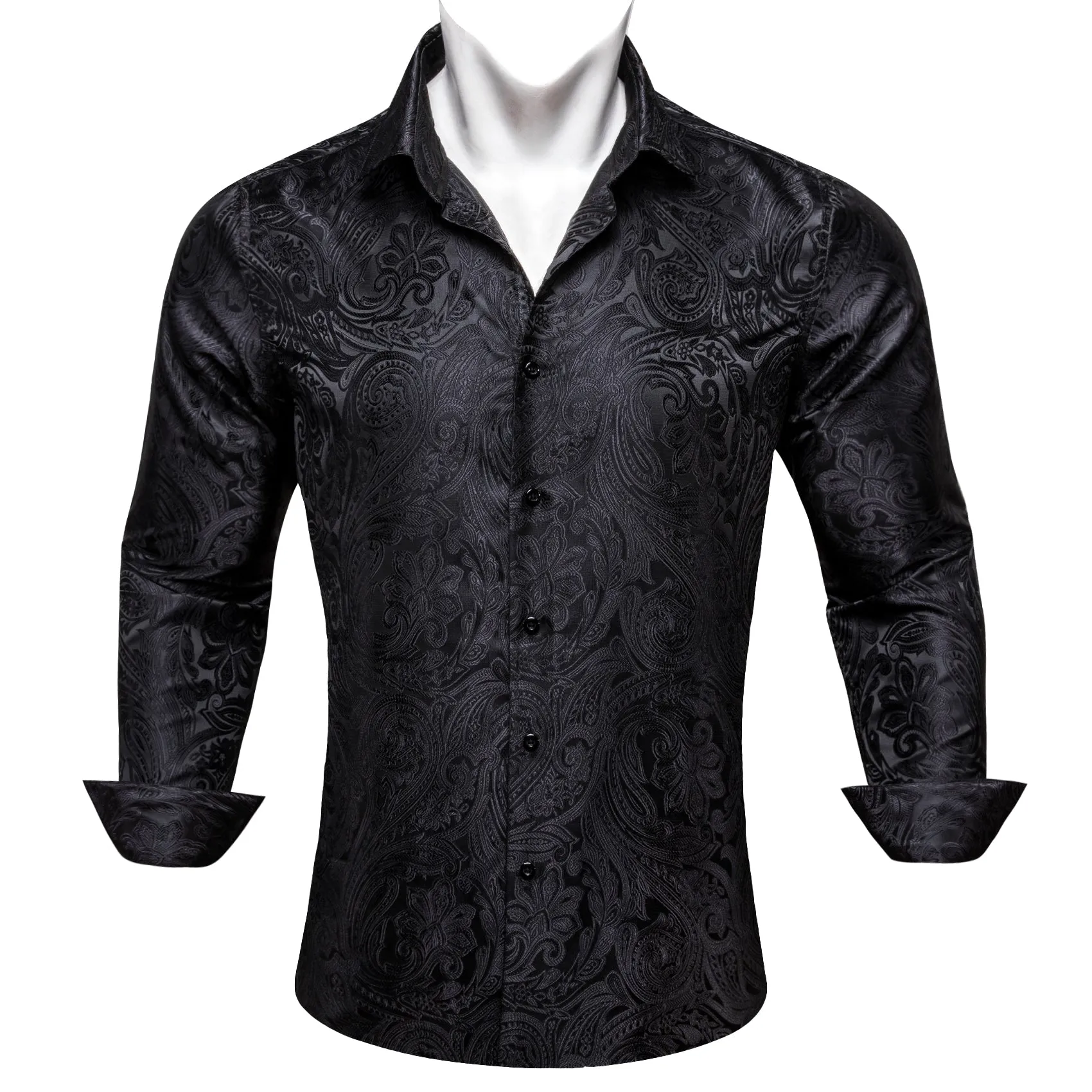 Barry Wang Paisley Pattern Shirt Black Jacquard Men's Silk Dress Shirt