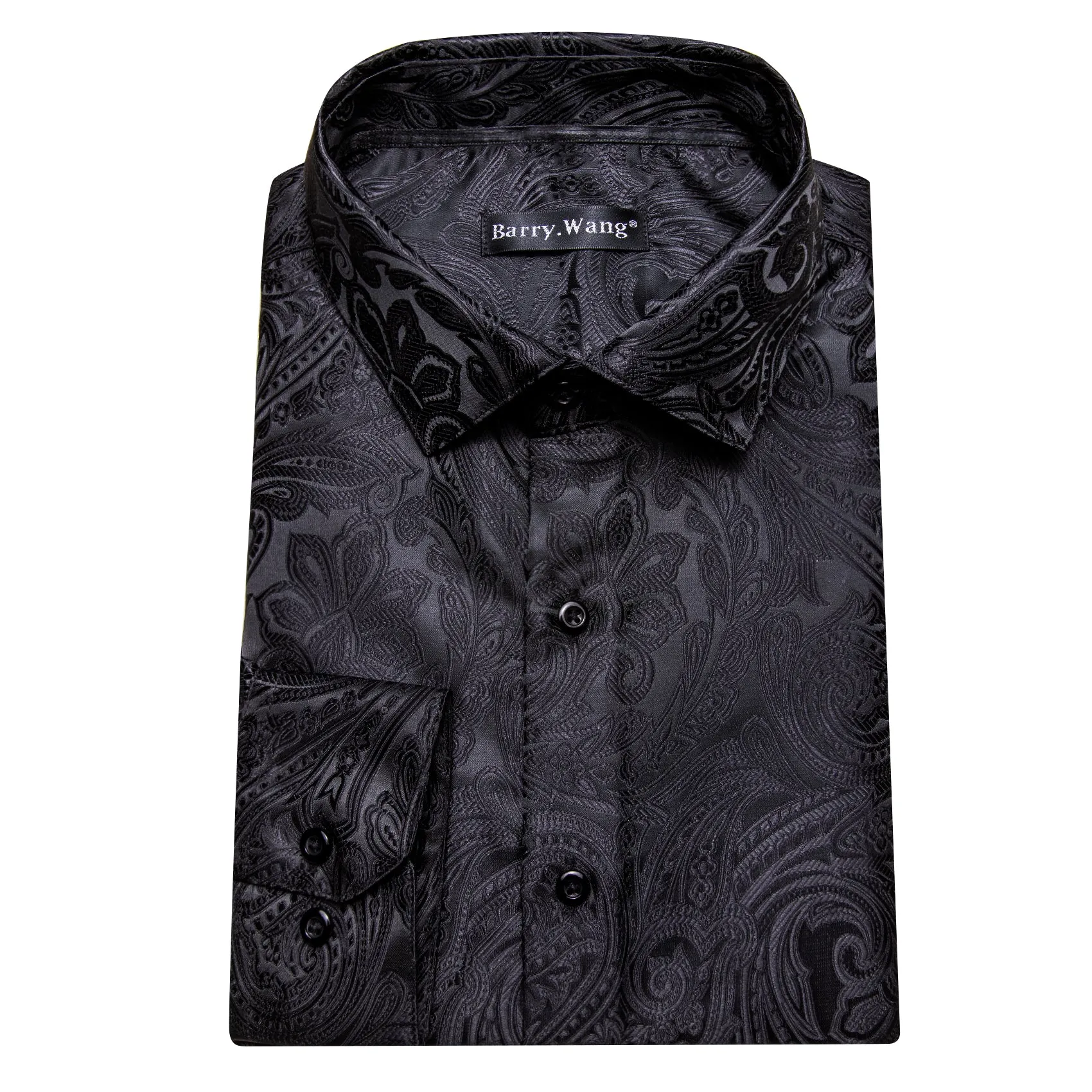 Barry Wang Paisley Pattern Shirt Black Jacquard Men's Silk Dress Shirt