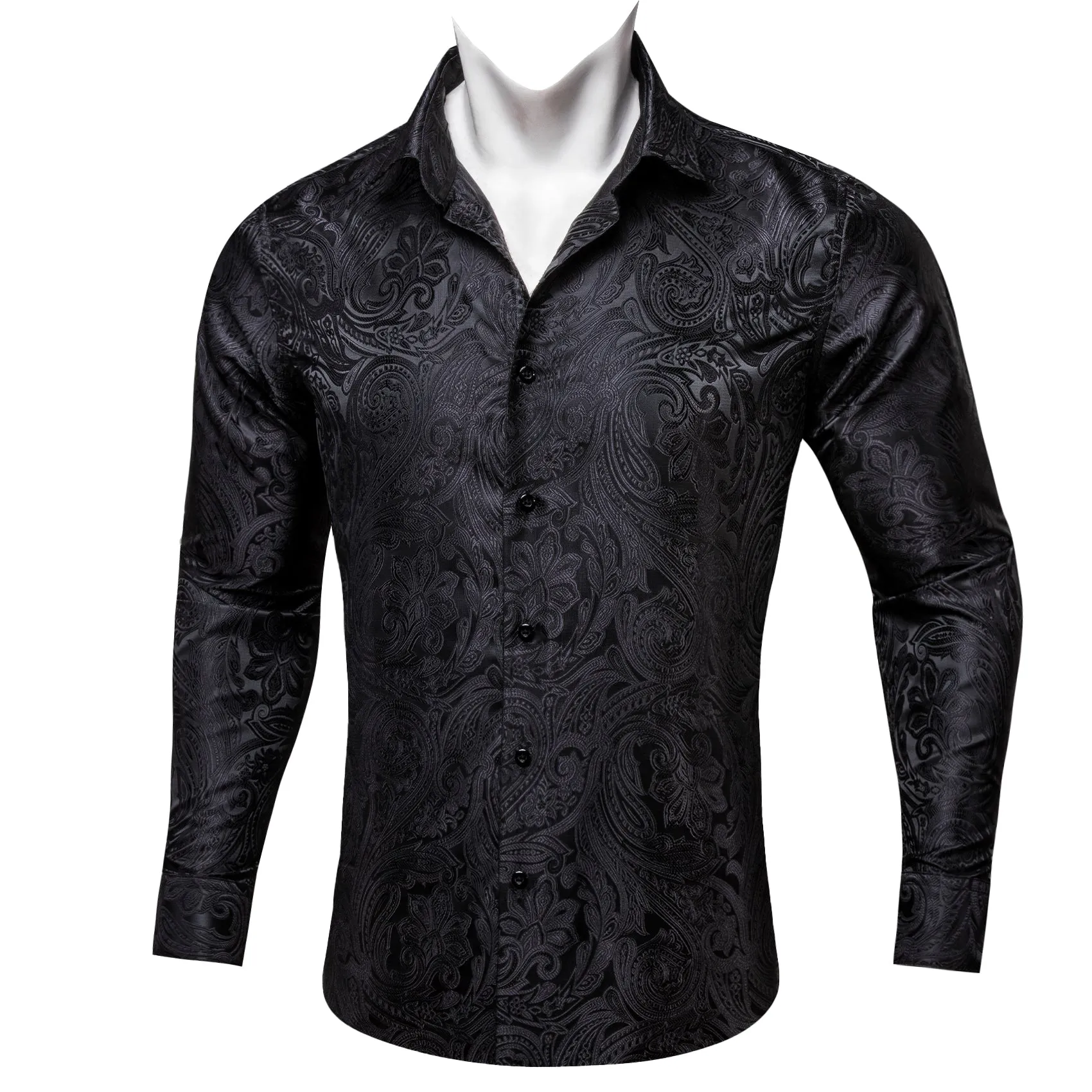 Barry Wang Paisley Pattern Shirt Black Jacquard Men's Silk Dress Shirt