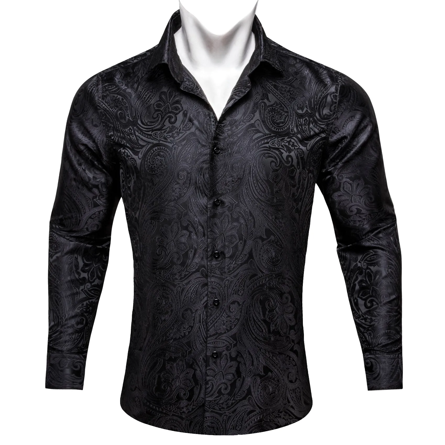 Barry Wang Paisley Pattern Shirt Black Jacquard Men's Silk Dress Shirt