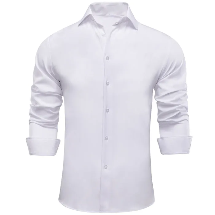Barry Wang Plain Solid Pure White Shirt Silk Button Dress Collar Shirt