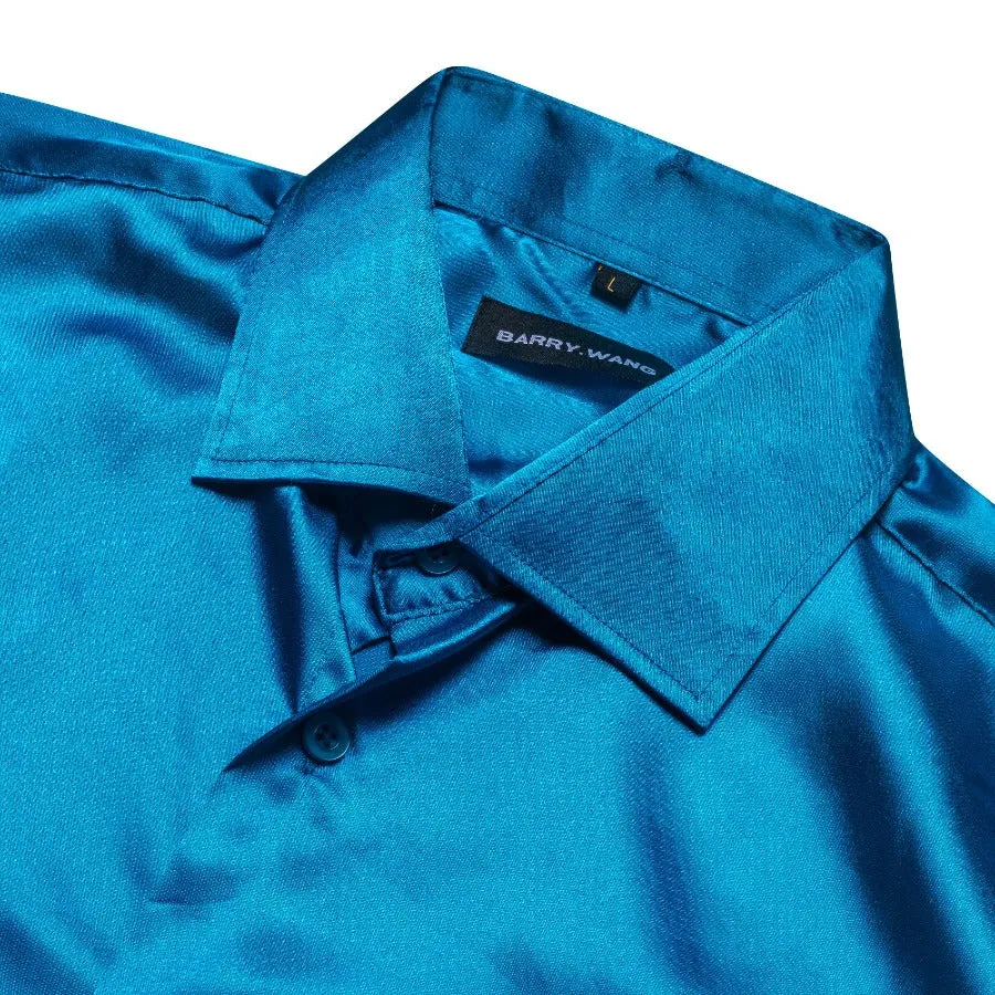 Barry.wang Button Down Shirt Steel Blue Satin Solid Silk Men's Shirt