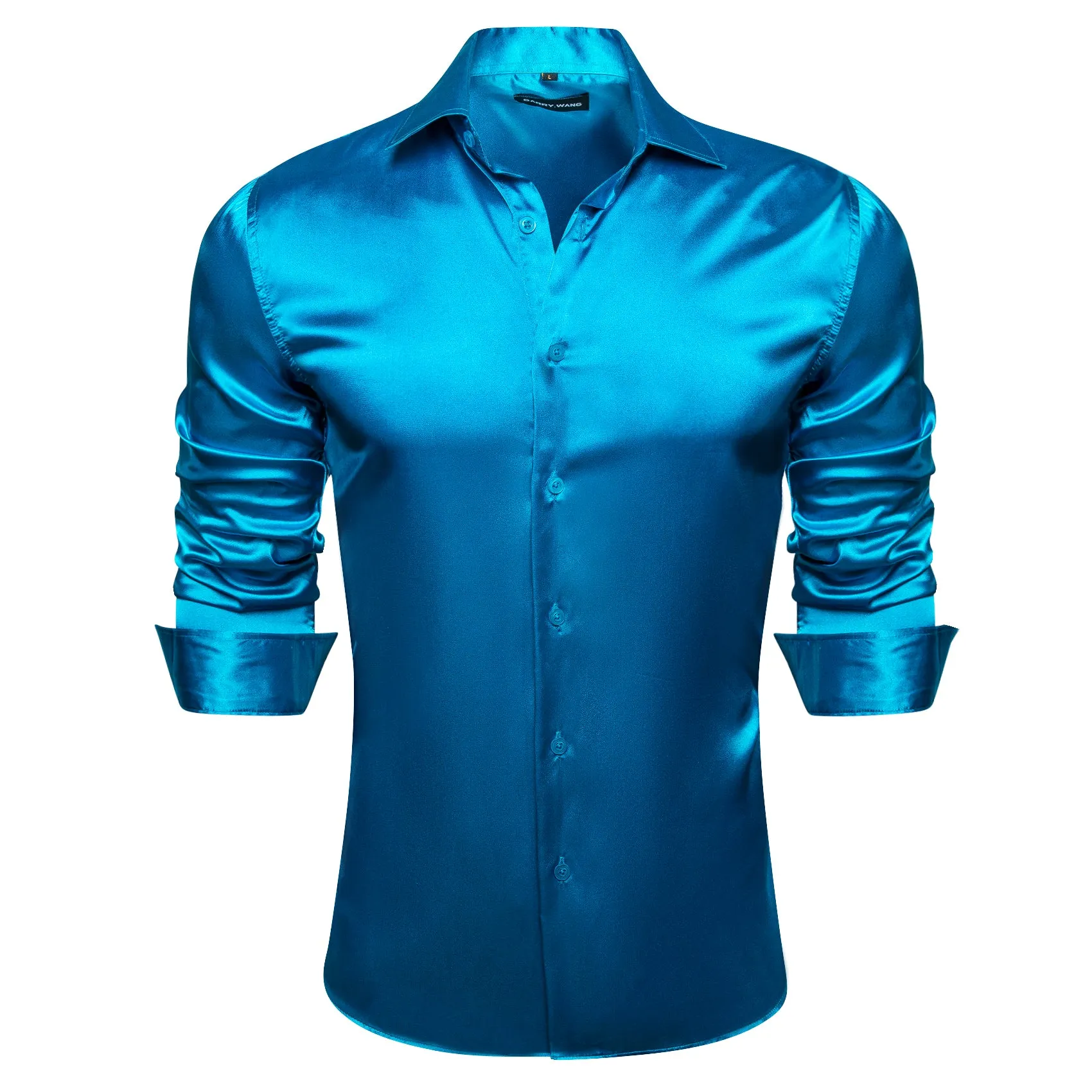 Barry.wang Button Down Shirt Steel Blue Satin Solid Silk Men's Shirt