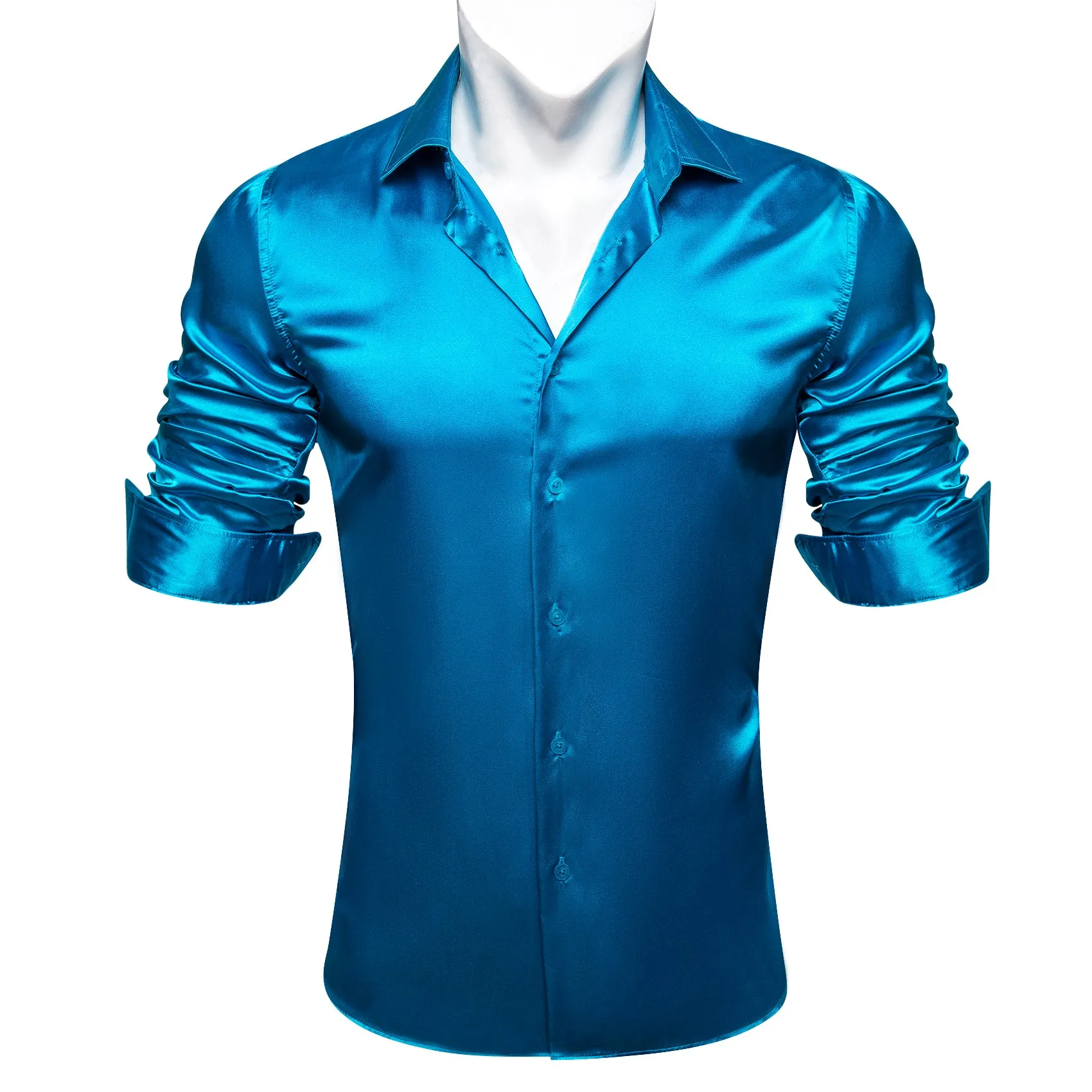 Barry.wang Button Down Shirt Steel Blue Satin Solid Silk Men's Shirt