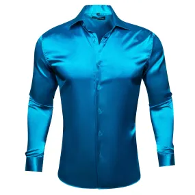 Barry.wang Button Down Shirt Steel Blue Satin Solid Silk Men's Shirt