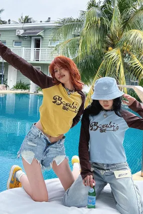 BeerBro Contrast Color Vintage Long-Sleeved Cropped Top