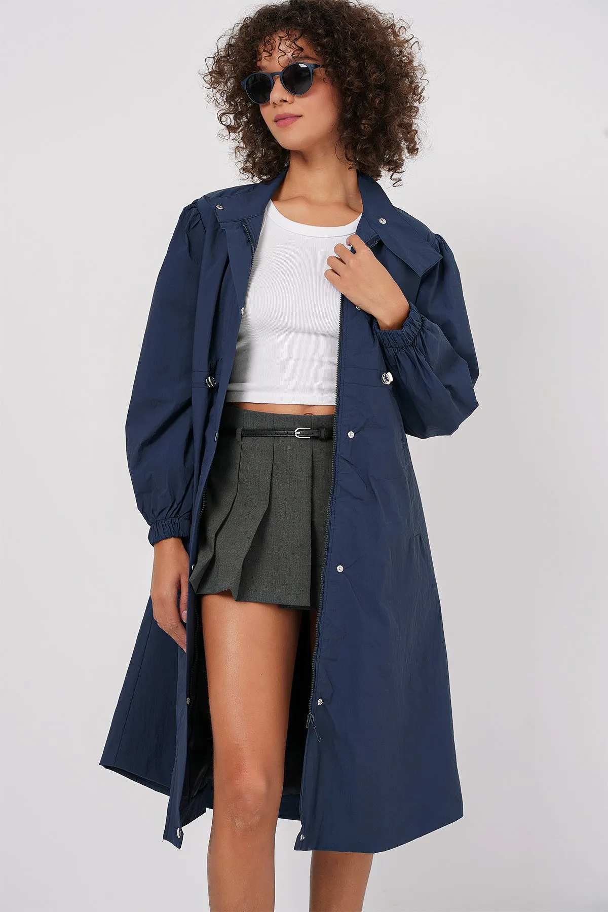 BGD Women Lined Long Trench Coat - Navy - Ocuilan de Arteaga