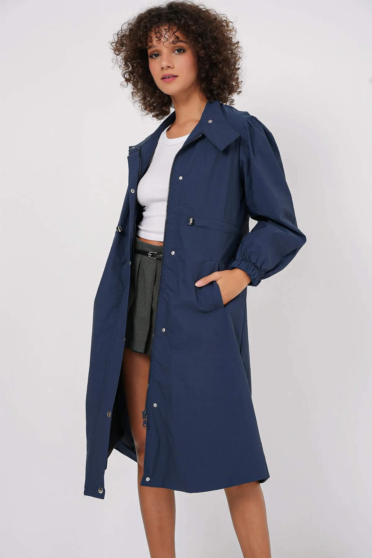 BGD Women Lined Long Trench Coat - Navy - Ocuilan de Arteaga