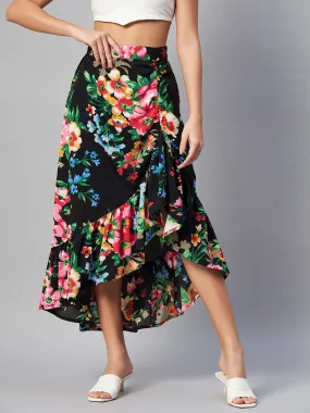 Black & Pink Floral Printed Maxi Flared Skirt