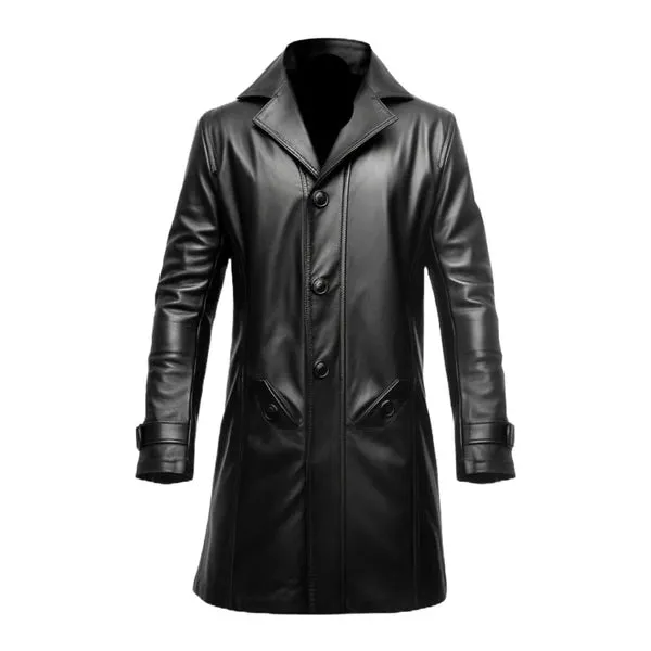 Black Button Closure Long Genuine Leather Coat