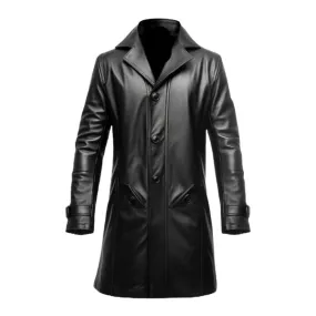 Black Button Closure Long Genuine Leather Coat