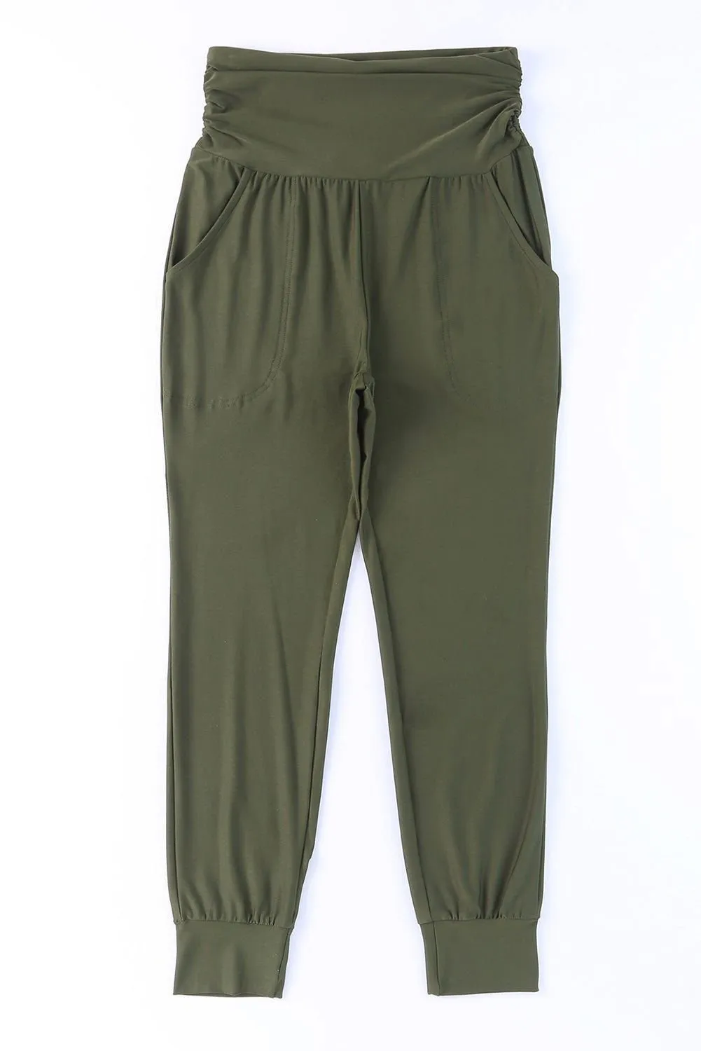 Black Pleated Casual Pocket High Waisted Leggings