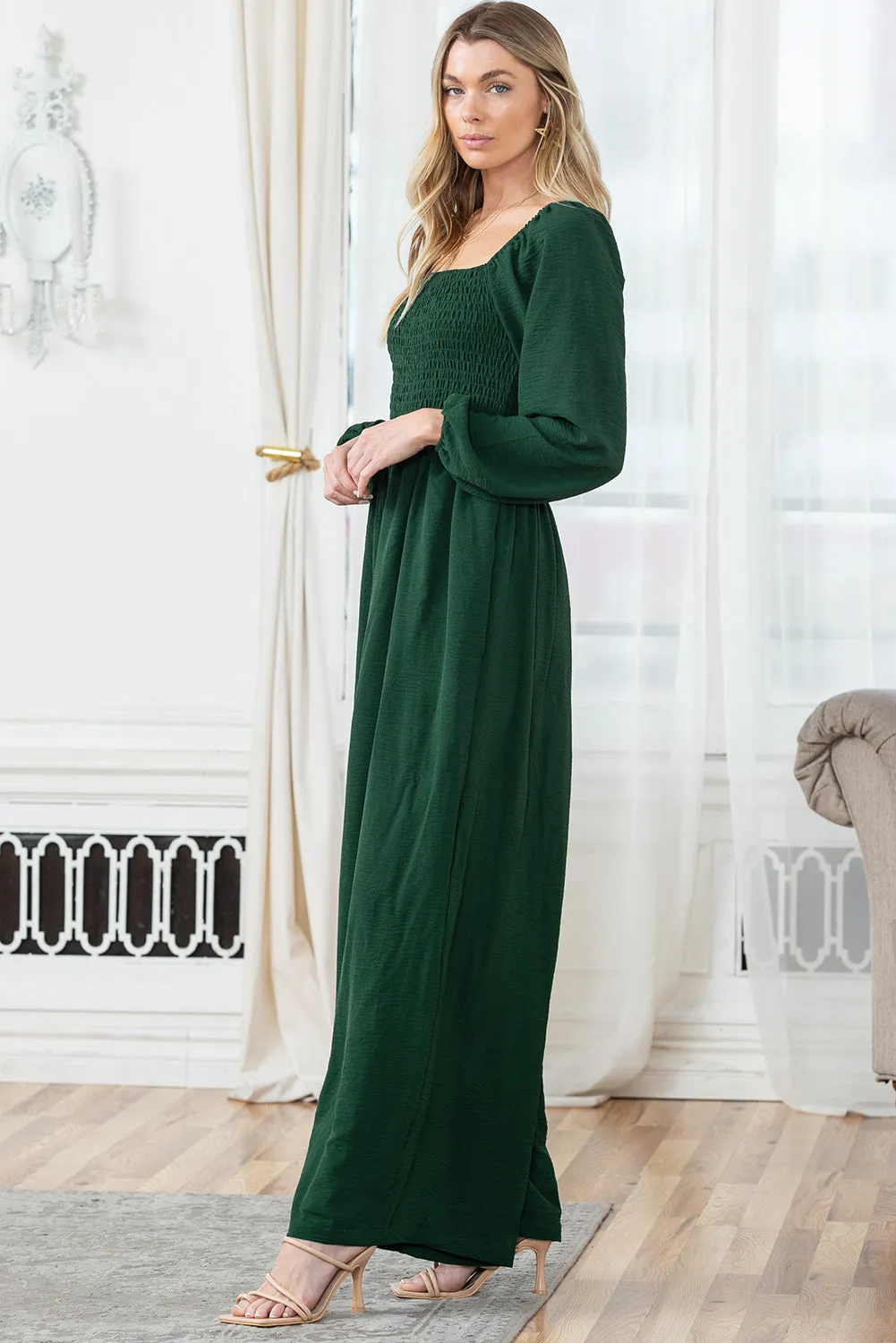 Black Smocked Square Neck Long Sleeve Wide Leg Jumpsuit